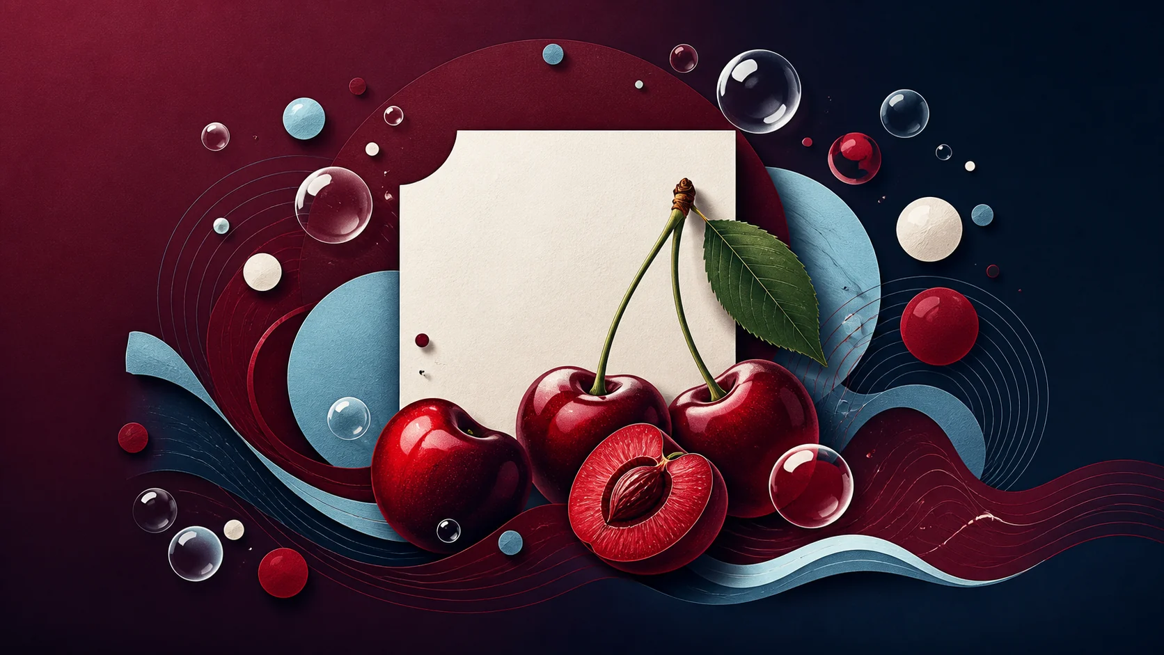 Redakcyjna ilustracja wiśni i abstrakcyjnych bąbelków dla poradnika Fizzy Cherry