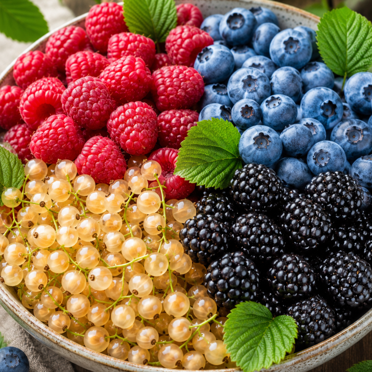 Miska wypełniona świeżymi owocami leśnymi: borówkami, malinami i jeżynami, symbolizująca smak triple berry.