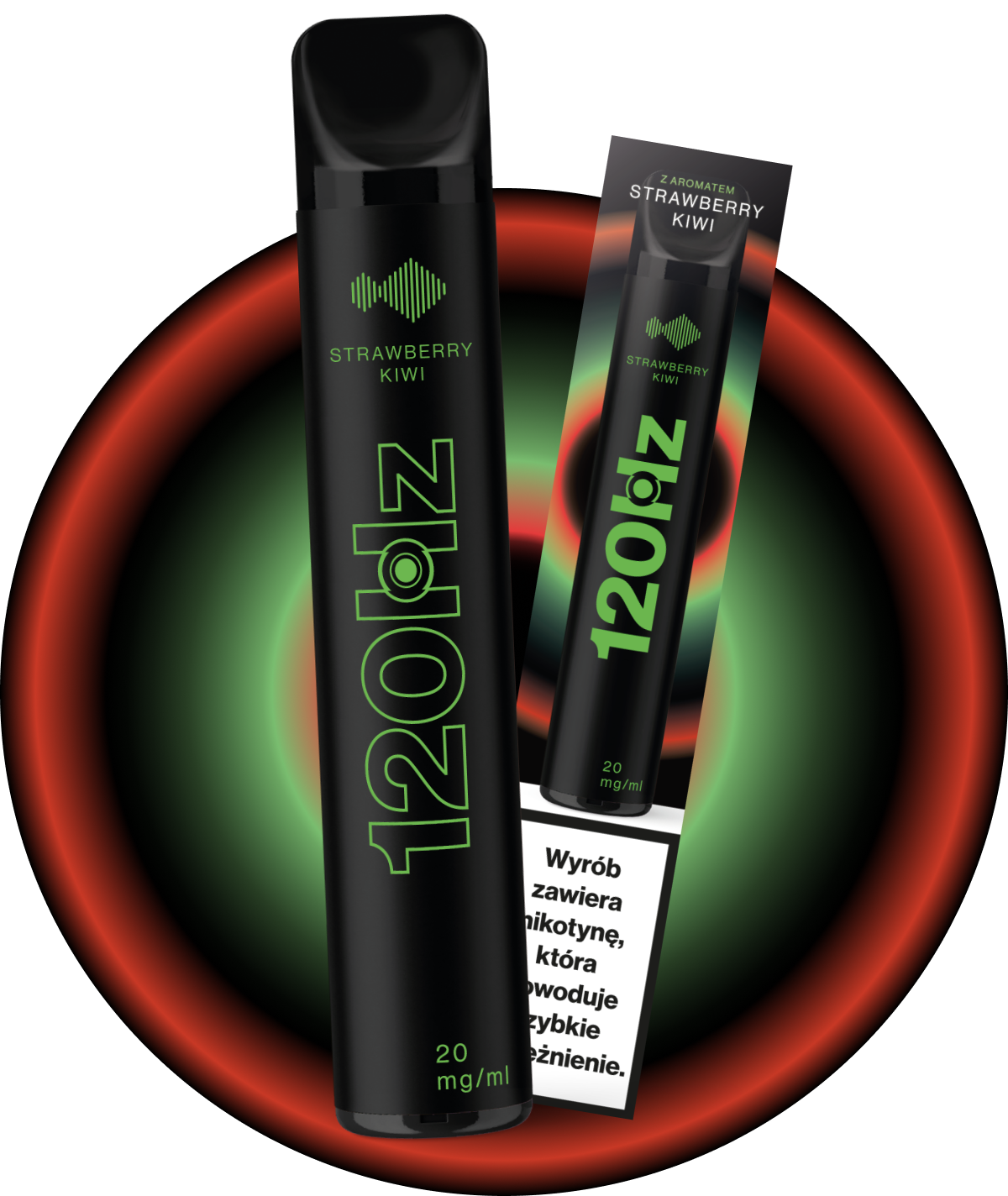 Różne produkty z aromatem jabłko-kiwi, takie jak e-papieros jednorazowy i butelka mrożonej herbaty, symbolizujące popularność smaku poza tradycyjną gastronomią.