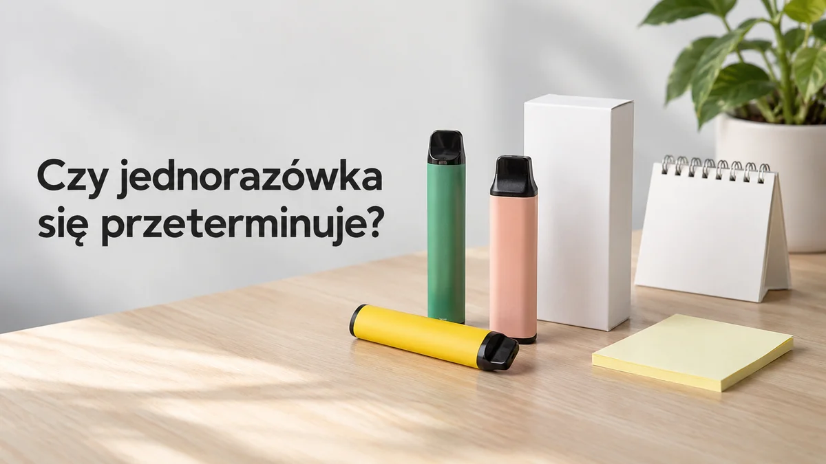 Trzy jednorazowe e-papierosy bez oznaczeń (zielony, różowy, żółty), białe pudełko bez napisów, pusty kalendarz biurkowy i pusta żółta karteczka na jasnym drewnianym stole.
