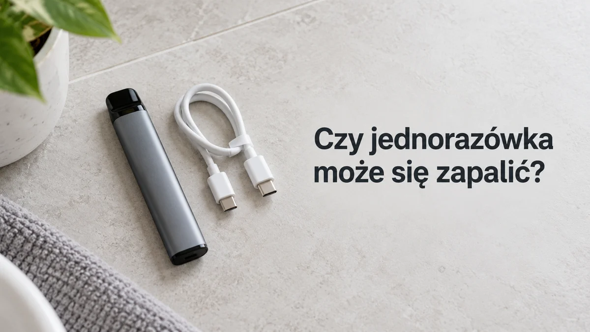 Jednorazowy e-papieros bez logo na jasnym tle z napisem „Czy jednorazówka może się zapalić?”