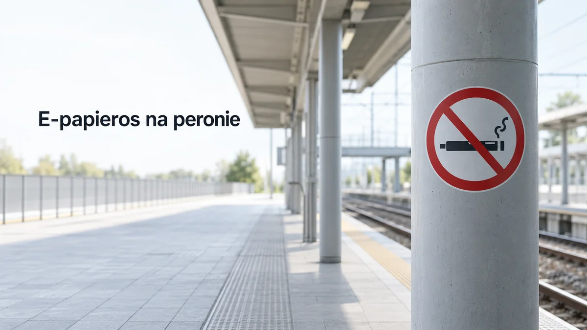 Pusty, nowoczesny peron kolejowy w dziennym świetle, na filarze graficzny znak zakazu palenia (przekreślone koło z papierosem) bez napisów.