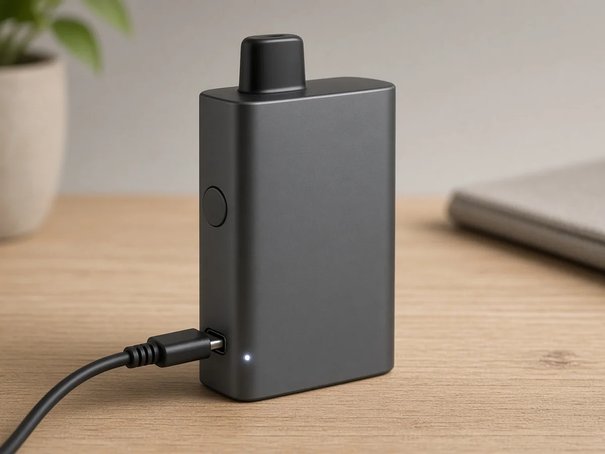 Grafitowy jednorazowy e-papieros typu box stojący na drewnianym biurku, z podłączonym kablem USB-C i świecącą diodą ładowania.
