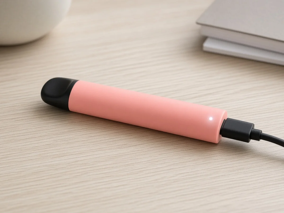 Koralowo-różowy jednorazowy e-papieros leżący na jasnym blacie, z podłączonym kablem USB-C i delikatnie świecącą diodą ładowania.