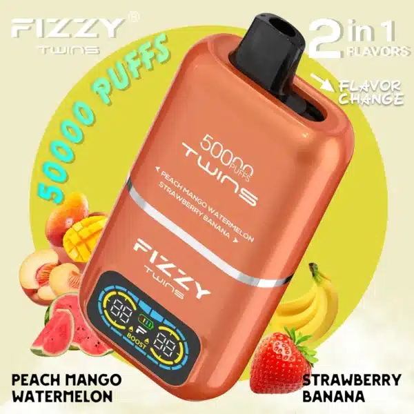 FIZZY TWINS DWUSMAKOWE 50000 PUFFS - PEACH MANGO WATERMELON/STRAWBERRY